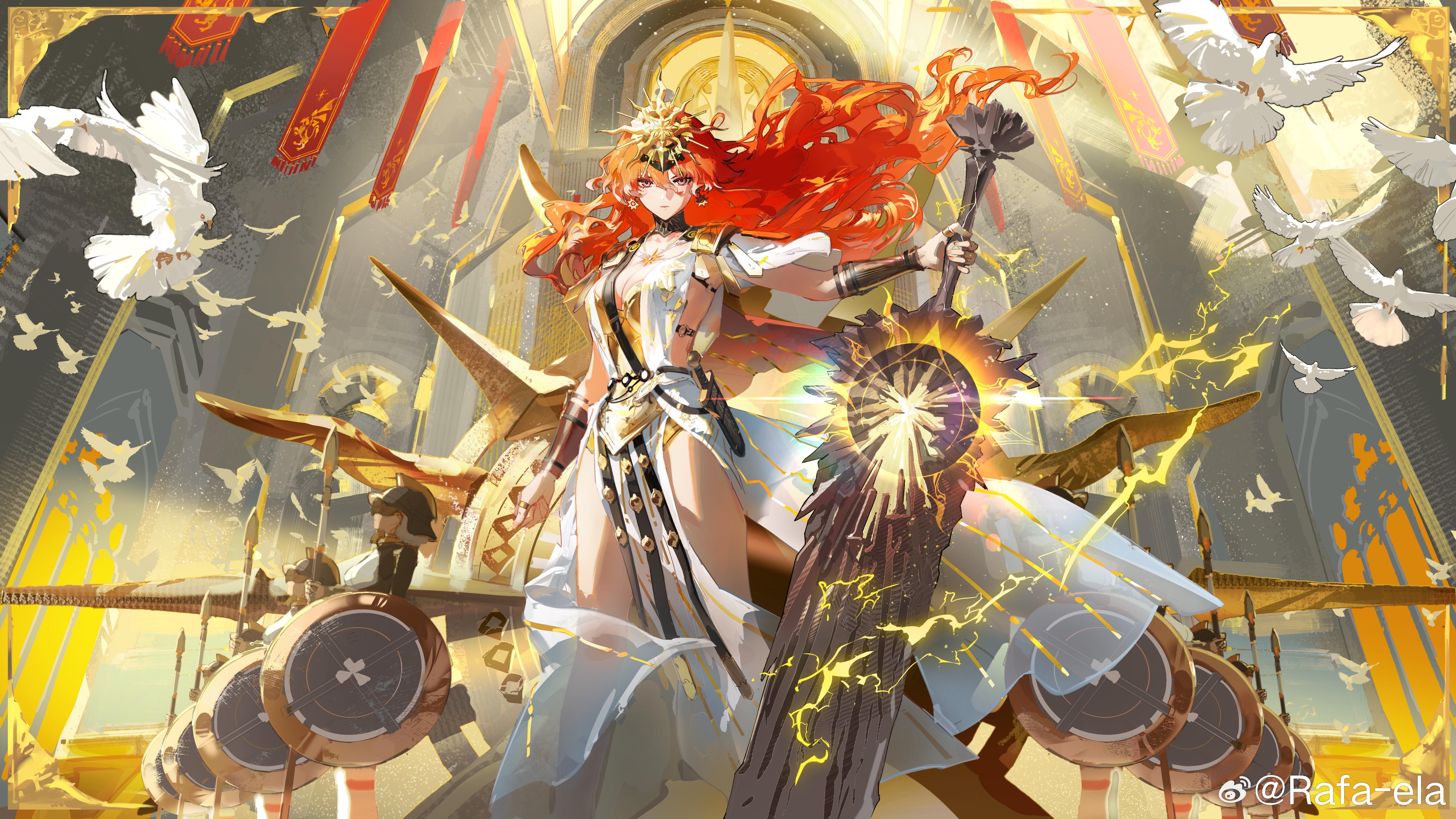 rafaelaaa, augusta (wuthering waves), wuthering waves, absurdres, chinese commentary, commentary request, highres, 1girl, ancient greek clothes, armor, bare legs, bird, black collar, breastplate, breasts, collar, dress, floating hair, greatsword, greco-roman clothes, hair between eyes, hair floating upwards, headgear, holding, holding sword, holding weapon, legs, long hair, looking at viewer, medium breasts, orange hair, people, red eyes, solo focus, sword, thighs, weapon, white bird, white dress