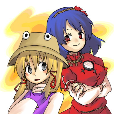elista, moriya suwako, yasaka kanako, touhou, lowres, 2girls, female focus, hair ornament, hat, leaf hair ornament, multiple girls