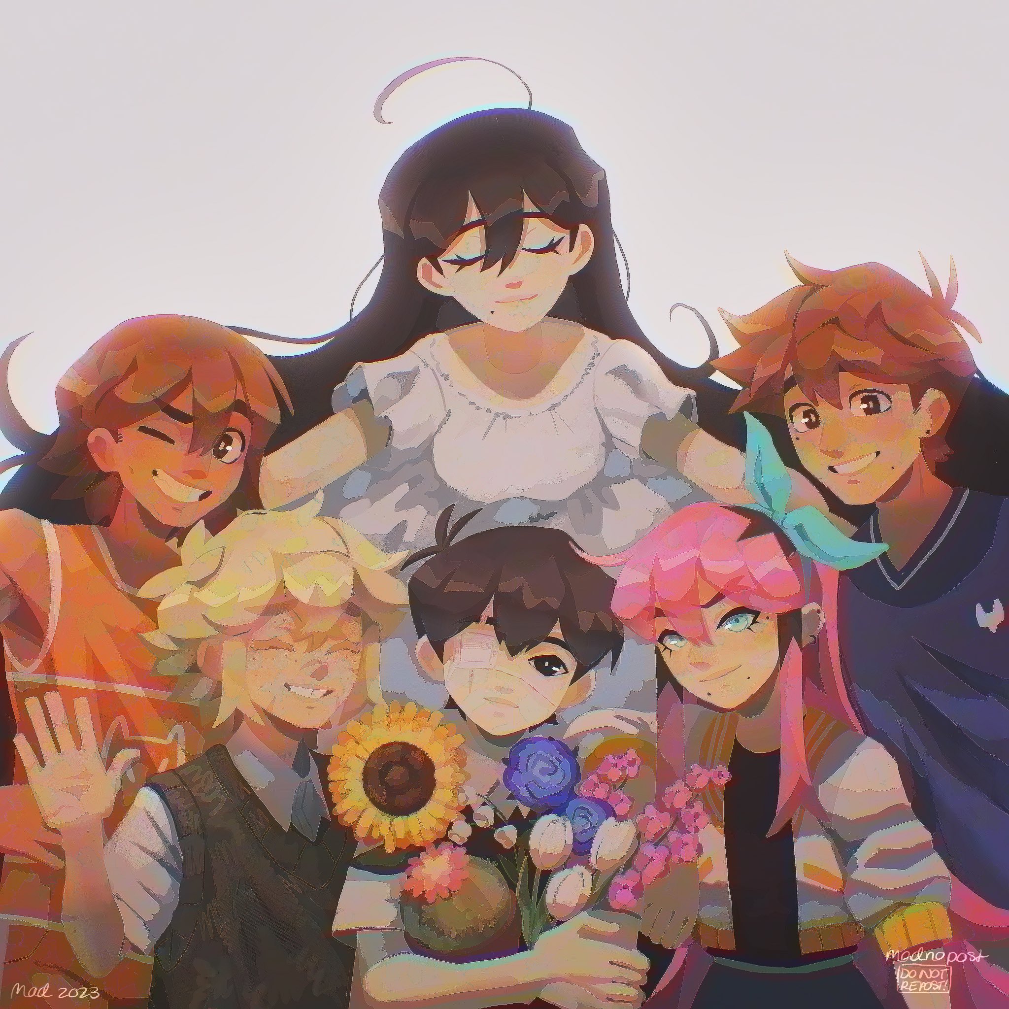 madnopost, aubrey (faraway) (omori), aubrey (omori), basil (faraway) (omori), basil (omori), hero (faraway) (omori), hero (omori), kel (faraway) (omori), kel (omori), mari (omori), mari (spirit) (omori), sunny (omori), omori, highres, spoilers, 2023, 2girls, 4boys, ahoge, antenna hair, artist name, black eyes, black hair, black sweater vest, blonde hair, blue flower, blue hairband, blue rose, blue sweater, bright pupils, brown eyes, brown hair, cactus, closed eyes, collared shirt, dark-skinned male, dark skin, double-parted bangs, dress, ear piercing, flower, gladiolus, green sweater vest, grey background, grin, hair between eyes, hairband, jacket, lily of the valley, long hair, long sleeves, looking at viewer, mole, mole under eye, mole under mouth, multicolored hair, multiple boys, multiple girls, one eye closed, open mouth, piercing, pink hair, rose, scar, scar on face, scar on nose, shirt, short-sleeved jacket, short sleeves, sidelocks, simple background, smile, sunflower, sweater, sweater vest, teeth, tulip, white dress, white flower, white jacket, white pupils, white shirt, white tulip