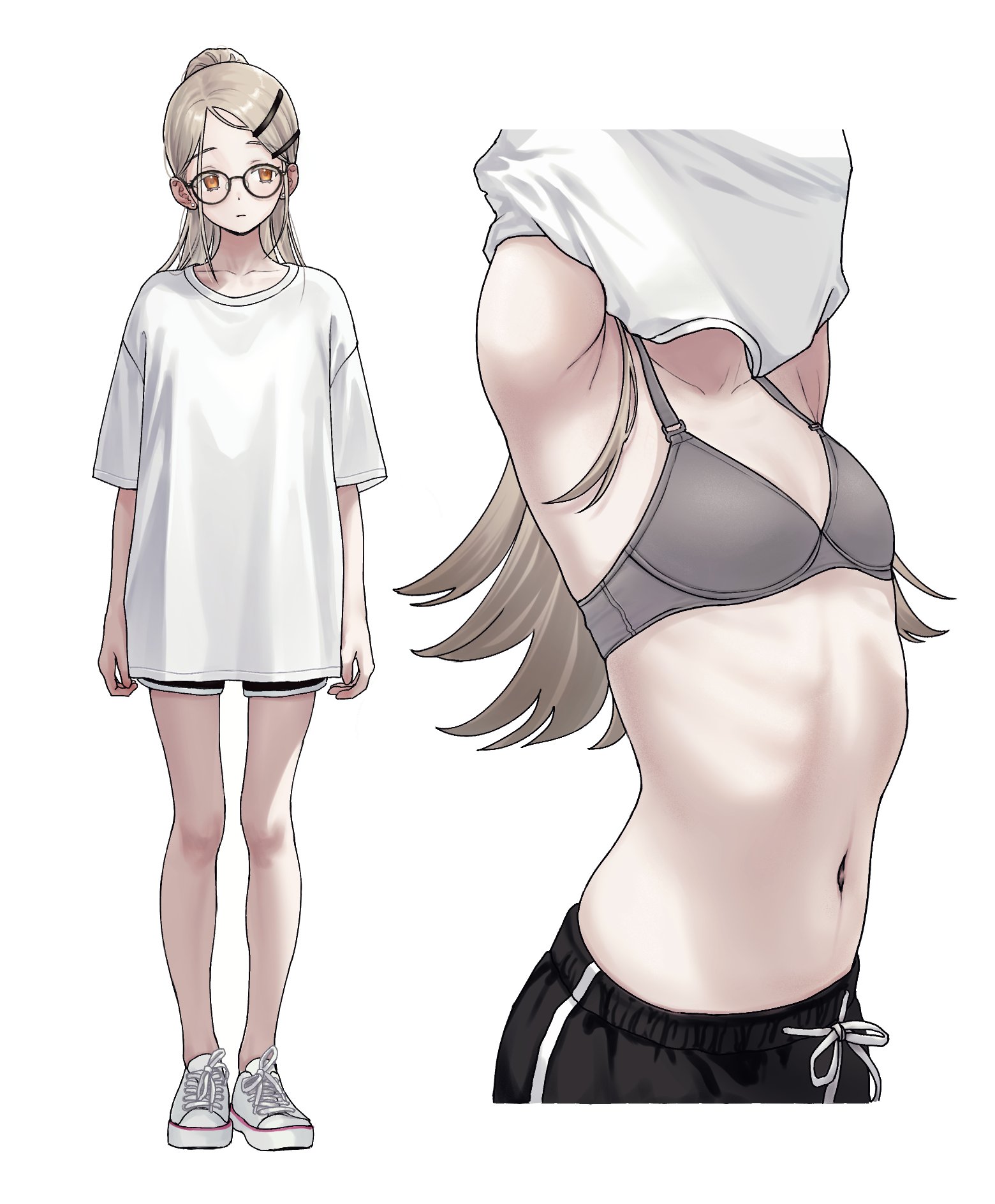 imaninjaguy, shinosawa hiro, gakuen idolmaster, idolmaster, highres, 1girl, blonde hair, bra, clothes lift, flat chest, glasses, long hair, navel, orange eyes, ribs, shirt lift, shorts, simple background, skinny, underwear, undressing, white background