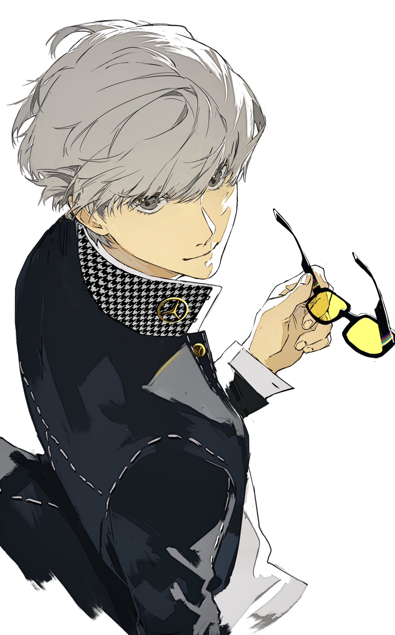 jing zhi kaoxiang yu re zhong, narukami yu, persona, persona 4, highres, 1boy, black jacket, from above, grey hair, hand up, holding, holding removed eyewear, jacket, looking at viewer, male focus, open clothes, open jacket, shirt, short hair, simple background, solo, turning head, unworn eyewear, upper body, white background, white shirt
