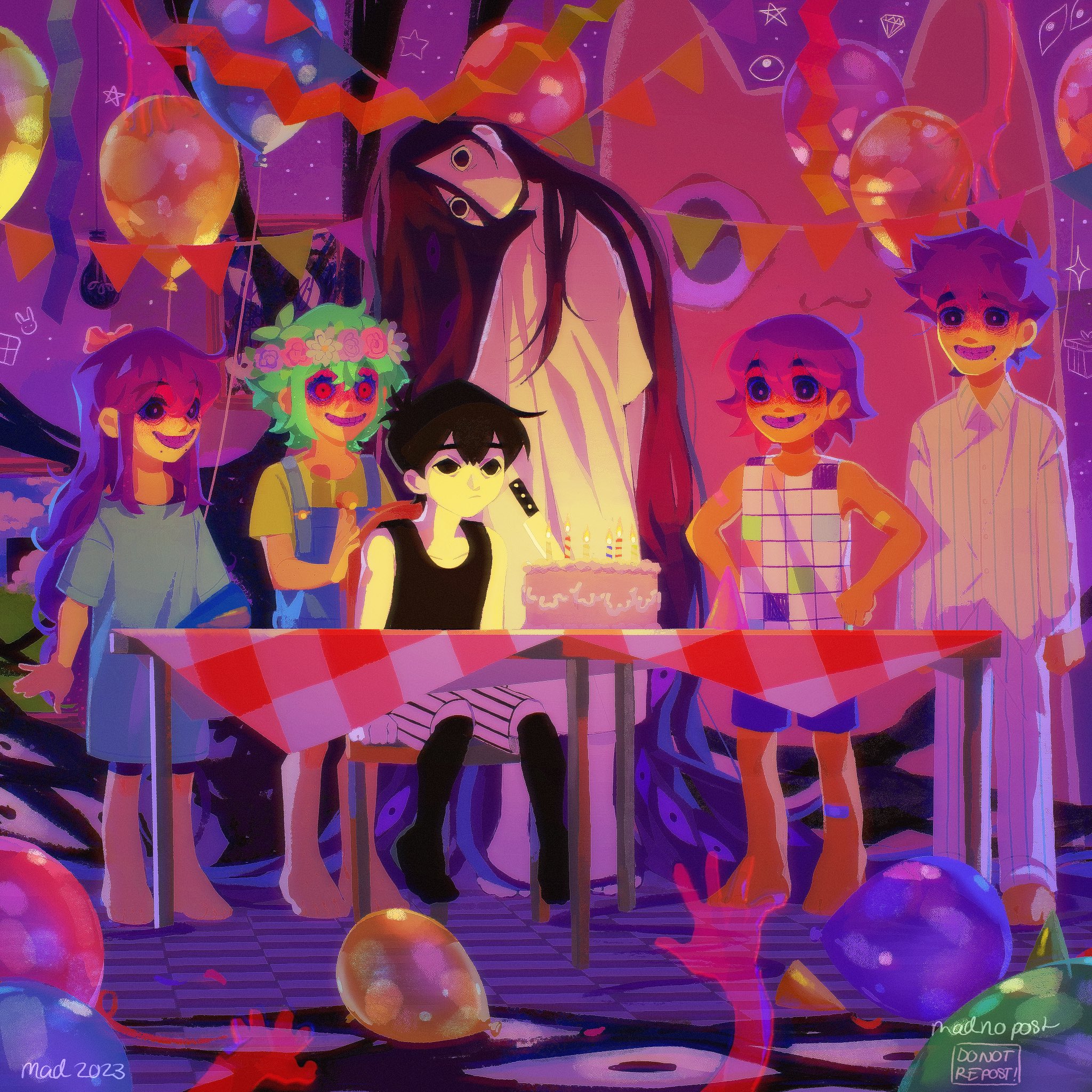 madnopost, aubrey (headspace) (omori), aubrey (omori), basil (headspace) (omori), basil (omori), big yellow cat (omori), hellmari (omori), hero (headspace) (omori), hero (omori), kel (headspace) (omori), kel (omori), omori (omori), something (omori), omori, highres, 2023, antenna hair, artist name, balloon, birthday cake, black socks, black tank top, blue overalls, bow, cake, candle, closed mouth, colored skin, evil grin, evil smile, food, green hair, green shirt, grin, hair bow, hands on own hips, head wreath, horror (theme), kneehighs, knife, light bulb, long hair, long sleeves, looking at another, missing tooth, mole, mole under mouth, overalls, pajamas, pink bow, purple hair, red eyes, shirt, short hair, shorts, sidelocks, sitting, smile, socks, striped clothes, striped pajamas, striped shorts, t-shirt, table, tank top, teeth, vertical-striped clothes, vertical-striped pajamas, vertical-striped shorts, white shorts, white skin