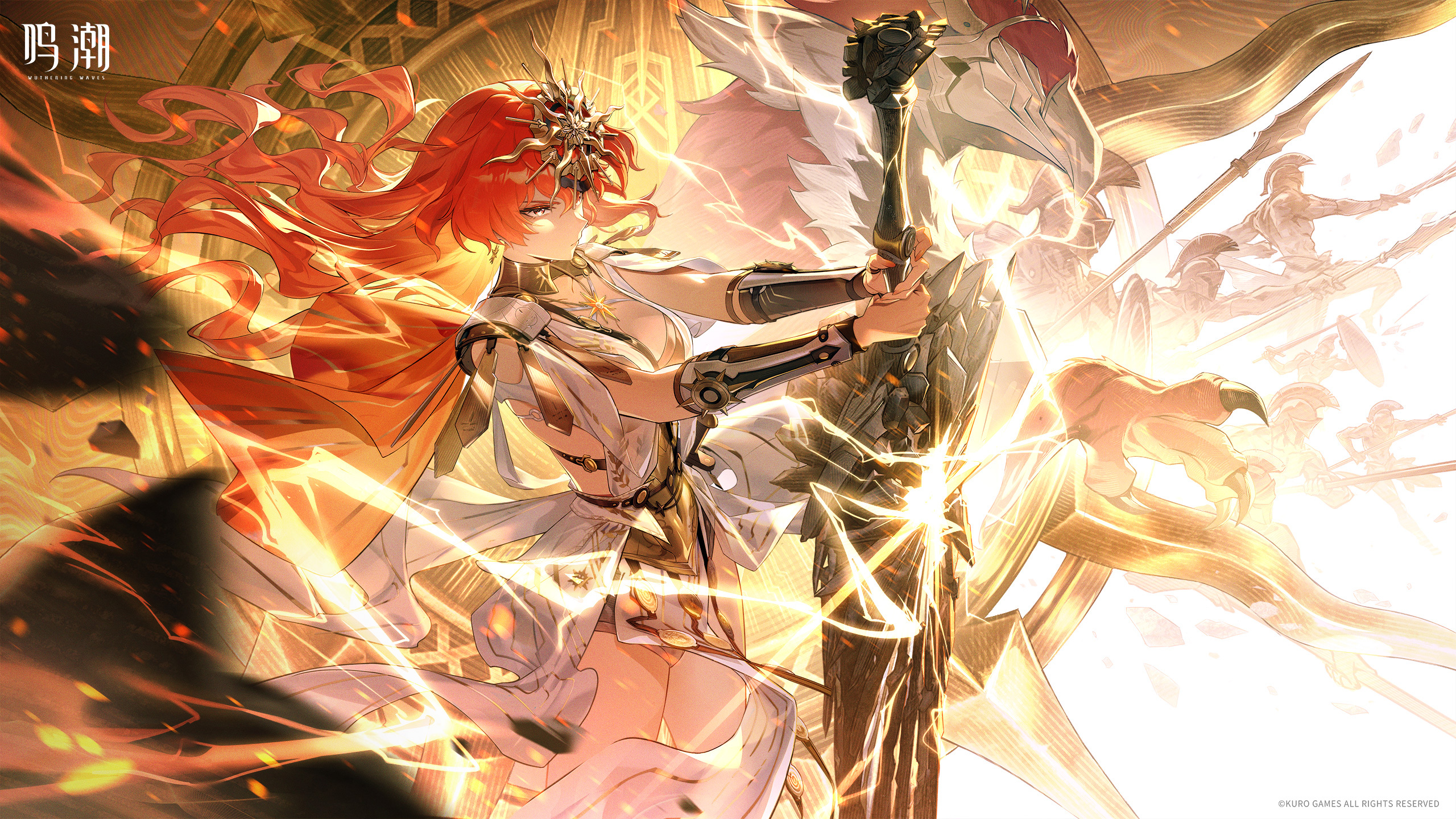 augusta (wuthering waves), wuthering waves, chinese commentary, commentary request, highres, official art, 1girl, ancient greek clothes, arm armor, armor, black collar, breastplate, breasts, collar, dress, greatsword, greco-roman clothes, headgear, holding, holding sword, holding weapon, logo, long hair, looking ahead, medium breasts, orange hair, red eyes, solo, sword, tacet discord (wuthering waves), weapon, white dress