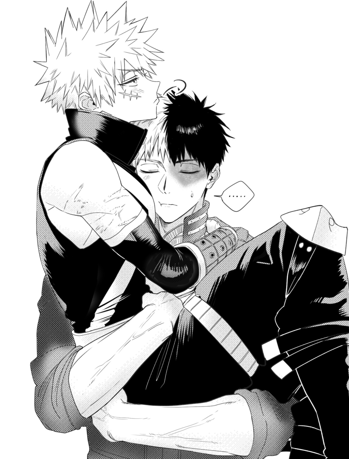 lidi6, bakugou katsuki, todoroki shoto, boku no hero academia, commentary request, highres, …, 2boys, bare shoulders, blush, carrying, carrying person, closed eyes, closed mouth, detached sleeves, facial scar, feet out of frame, holding, knee pads, looking up, male focus, multicolored hair, multiple boys, popped collar, puff of air, scar, scar on arm, scar on cheek, scar on face, short hair, simple background, speech bubble, spiked hair, split-color hair, spoken ellipsis, superhero costume, veins, veiny arms, white background, yaoi