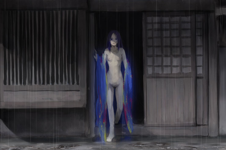 chyko, original, 1girl, architecture, barefoot, east asian architecture, female focus, flat chest, japanese clothes, nipples, nude, outdoors, puddle, pussy, rain, sliding doors, solo