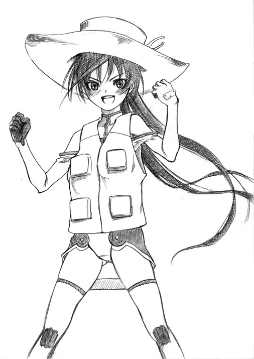 satou atsuki, ichijou eika, sky girls, 00s, greyscale, hat, mecha pilot suit, monochrome, motion slit, motionslit, solo, thighhighs, vest