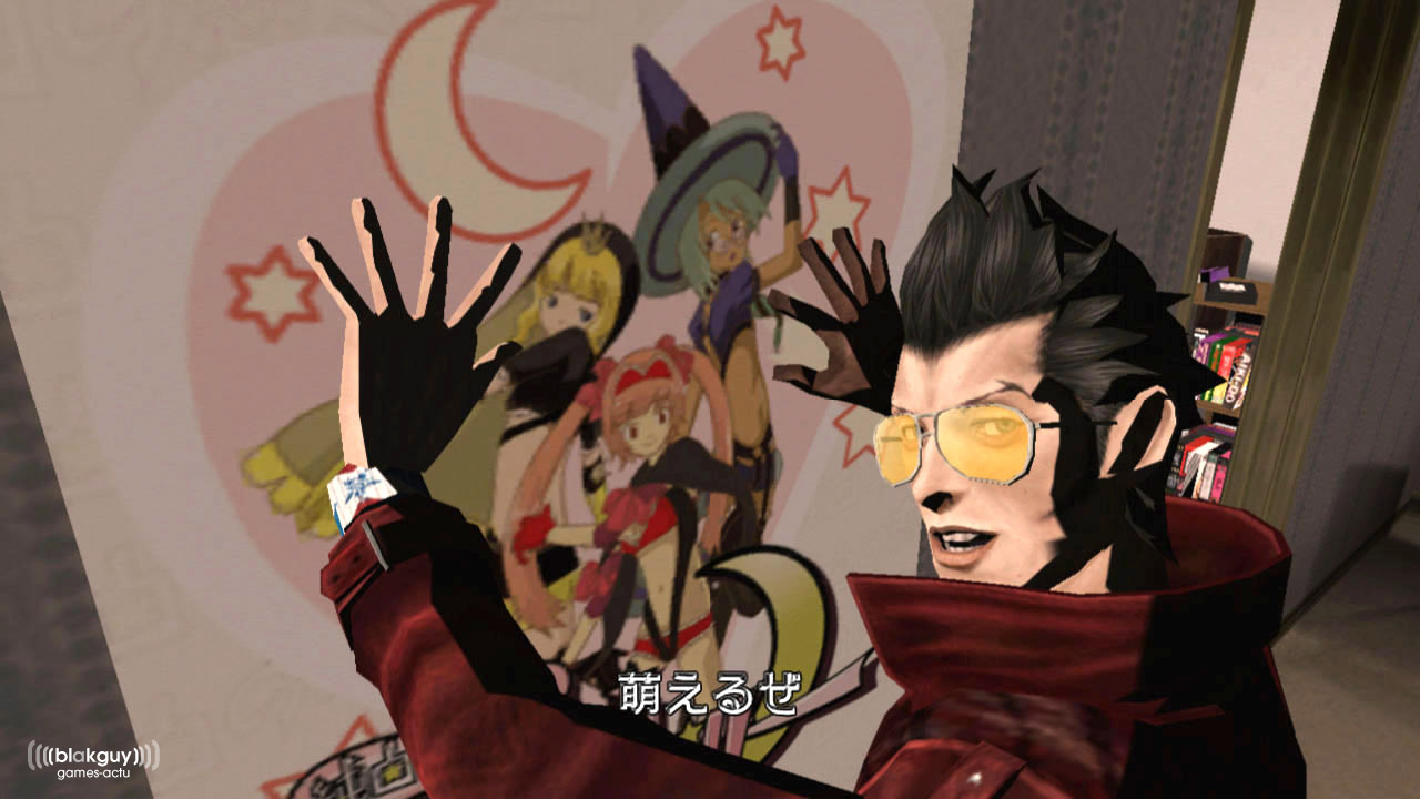 blueberry (nmh), cranberry (nmh), strawberry (nmh), travis touchdown, grasshopper manufacture, junpaku no koibito bizarre jelly, no more heroes, pure white lover bizarre jelly, anime screenshot, 1boy, 3d, 3girls, :d, black hair, bookshelf, buckle, crescent, from side, glasses, gloves, heart, high collar, hugging object, indoors, jacket, lips, long sleeves, looking at viewer, magical girl, male focus, moe (phrase), multiple girls, open mouth, otaku, poster (medium), poster (object), short hair, sideburns, smile, solo, spiked hair, star (symbol), subtitled, sunglasses, watermark, wristband