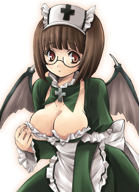 yukiwo, follett (deathsmiles), cave (developer), deathsmiles, 1girl, bat wings, bob cut, breasts, brown eyes, brown hair, cleavage, dragon wings, female focus, glasses, hairband, large breasts, maid, no bra, short hair, solo, wings