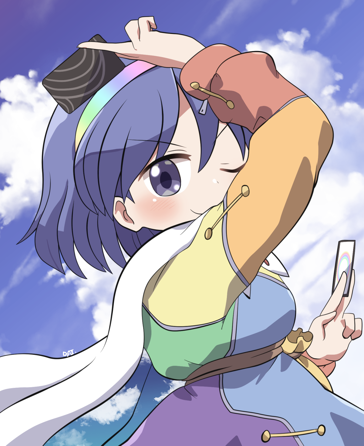 rokugou daisuke, tenkyuu chimata, touhou, commentary request, highres, 1girl, ;), ability card (touhou), arm up, blue hair, blue sky, blush, card, closed mouth, cloud, day, dress, holding, holding card, long sleeves, looking at viewer, multicolored dress, one eye closed, outdoors, pouch, purple eyes, rainbow hairband, short hair, signature, sky, smile, solo, upper body, v-shaped eyebrows