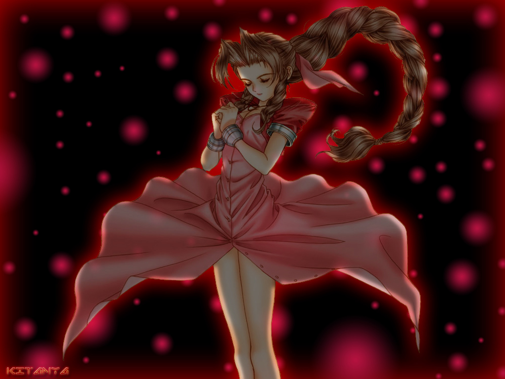 aerith gainsborough, final fantasy, final fantasy vii, 1990s (style), 1girl, bow, brown hair, dress, female focus, pink dress, solo, standing