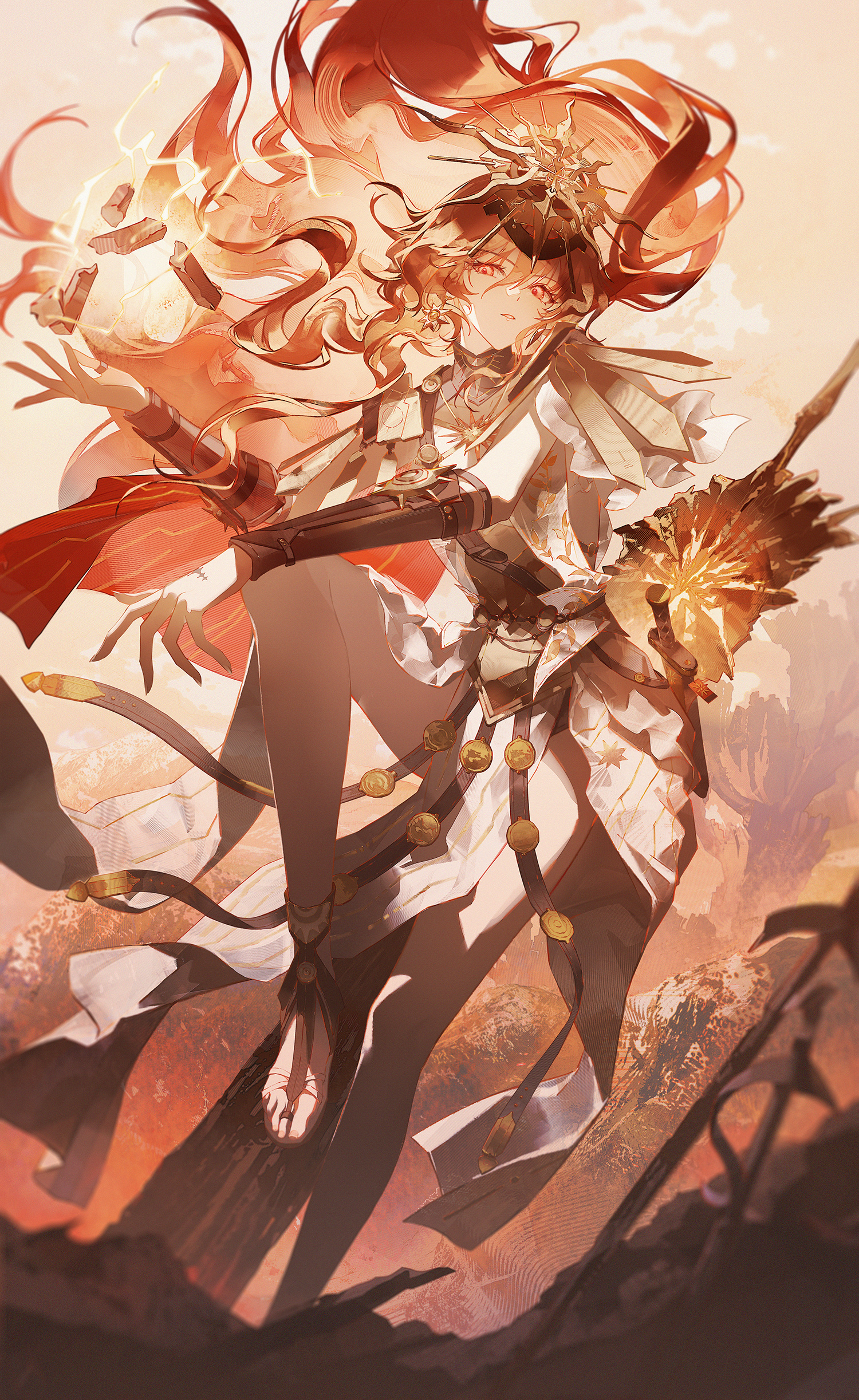 satsuya, augusta (wuthering waves), wuthering waves, absurdres, chinese commentary, commentary request, highres, 1girl, ancient greek clothes, arm armor, armor, black collar, breastplate, collar, dress, earrings, electricity, floating hair, greatsword, greco-roman clothes, hair between eyes, hair floating upwards, hand up, headgear, jewelry, long hair, looking at viewer, orange hair, orange theme, parted lips, red eyes, sandals, sheath, solo, sun earrings, sun necklace, sword, tacet mark (wuthering waves), toes, very long hair, weapon, white dress