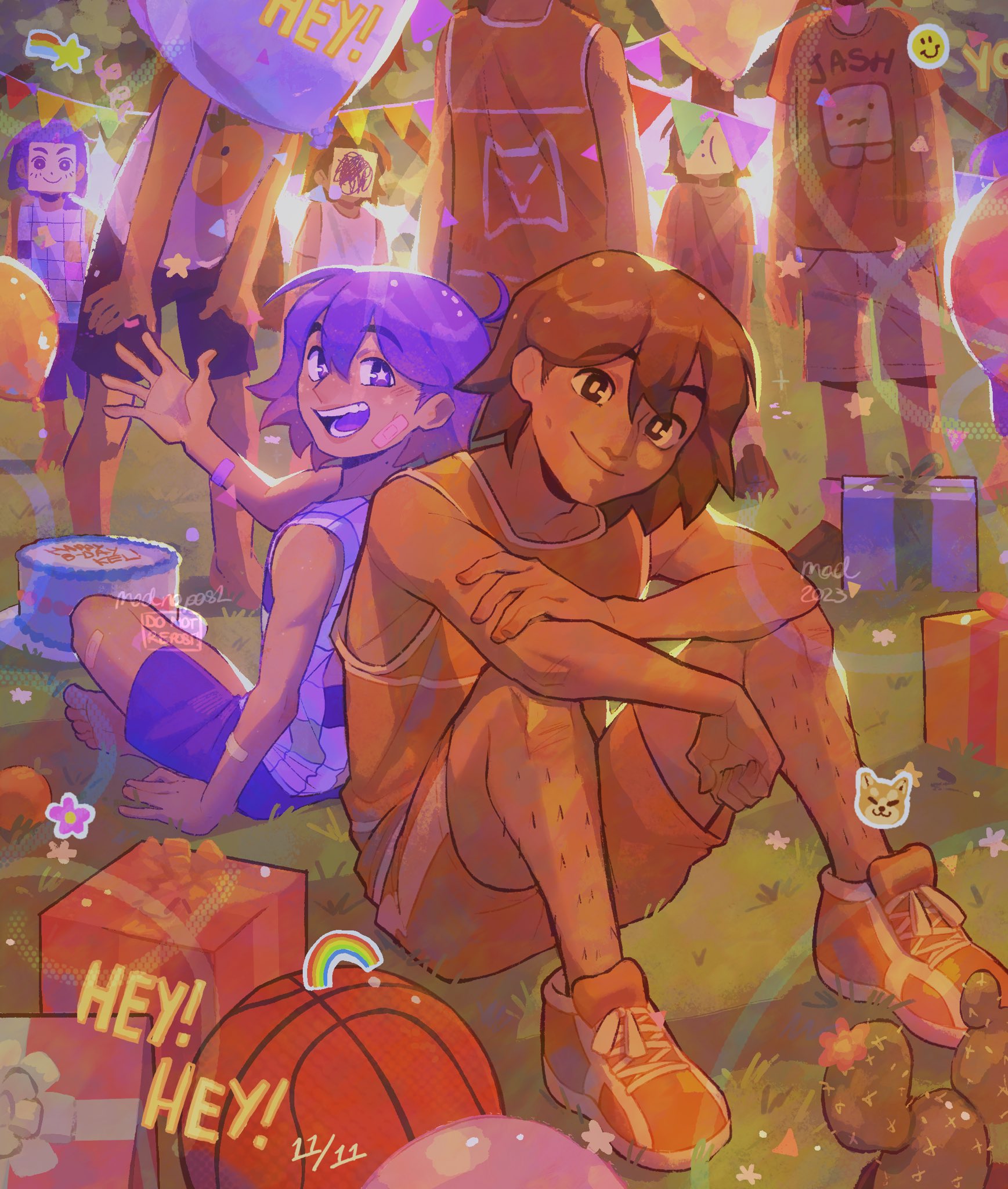 madnopost, jash (omori), kel (faraway) (omori), kel (headspace) (omori), kel (omori), omori, highres, 6+boys, alternate costume, bandaid, bandaid on face, box, bright pupils, brown eyes, brown hair, cactus, closed mouth, colored tongue, dual persona, gift, gift box, grey shorts, hands on own legs, indian style, knees up, looking at viewer, multiple boys, open mouth, orange shirt, orange shoes, orange shorts, outdoors, purple eyes, purple hair, purple tongue, shirt, shoes, short hair, shorts, sitting, smile, star-shaped pupils, star (symbol), symbol-shaped pupils, t-shirt, tank top, teeth, tree, white pupils