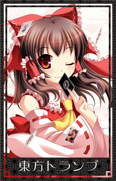 niwatoriya, hakurei reimu, touhou, 1girl, ;), ascot, bare shoulders, bow, brown hair, closed mouth, collar, detached sleeves, female focus, frills, hair bow, long sleeves, looking at viewer, ofuda, one eye closed, red bow, red eyes, ribbon-trimmed sleeves, ribbon trim, sidelocks, simple background, smile, solo, white background