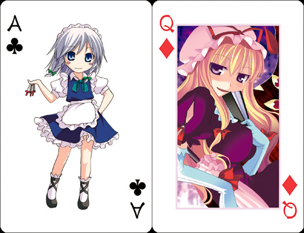 niwatoriya, izayoi sakuya, yakumo yukari, touhou, silver hair, 2girls, ankle lace-up, apron, between fingers, blonde hair, blue eyes, blush stickers, braid, card, card (medium), elbow gloves, female focus, folding fan, gap (touhou), gloves, hand fan, hand on own hip, hat, hat ribbon, hip focus, holding, knife, maid, maid apron, maid headdress, multiple girls, no nose, purple eyes, ribbon, short hair, smile, smirk, standing, throwing knife, twin braids, umbrella, weapon