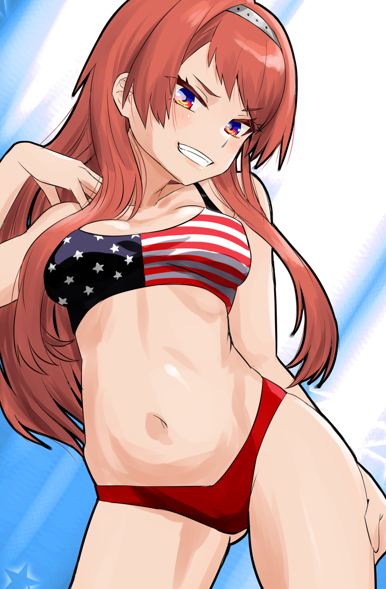 nekotarou (nktr299), nevada (kancolle), nevada kai (kancolle), nevada kai mod.2 (swimsuit) (kancolle), kantai collection, highres, 1girl, american flag, american flag bikini, american flag print, bikini, breasts, brown hair, cowboy shot, flag print, flag print bikini, grin, hair downblouse, hairband, long hair, looking at viewer, medium breasts, mismatched bikini, navel, print bikini, red eyes, smile, solo, swimsuit