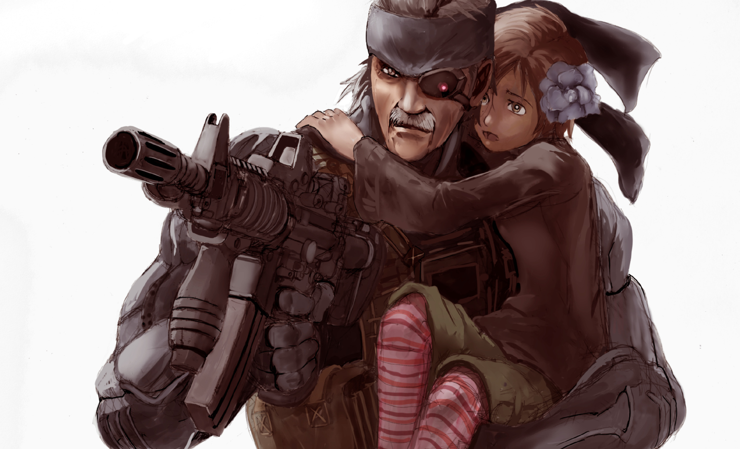30ml, old snake, solid snake, sunny emmerich, konami, metal gear (series), metal gear solid 4: guns of the patriots, striped, bad id, bad pixiv id, 1boy, 1girl, assault rifle, carrying, eyepatch, facial hair, gun, m4 carbine, mustache, open mouth, rifle, short hair, simple background, weapon, white background