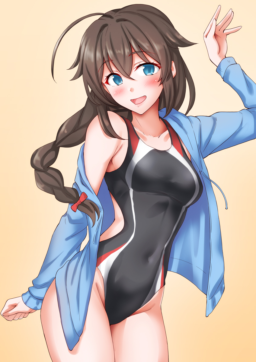 anti (untea9), shigure (kancolle), shigure kai ni (kancolle), kantai collection, highres, 1girl, ahoge, black one-piece swimsuit, blue eyes, blue jacket, braid, competition swimsuit, covered navel, cowboy shot, gradient background, hair flaps, hair ornament, hair over shoulder, jacket, long hair, one-piece swimsuit, single braid, swimsuit, two-tone one-piece swimsuit, two-tone swimsuit, yellow background