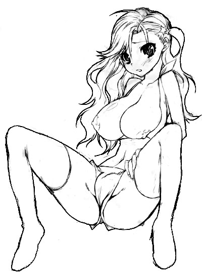 berrylollipop, takanashi china, rydia (adult) (ff4), rydia (ff4), final fantasy, final fantasy iv, 1990s (style), 1girl, breasts, cleavage, female focus, greyscale, large breasts, monochrome, nipples, panties, retro artstyle, sketch, solo, spread legs, thighhighs, underwear
