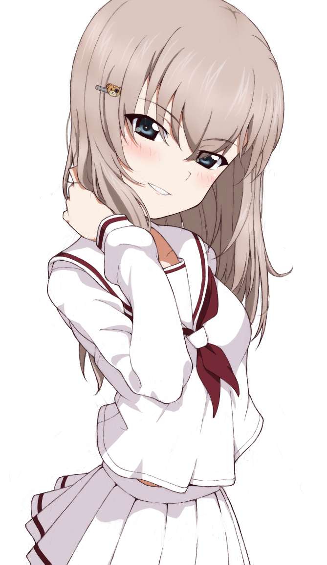 kayabakoro, boko (girls und panzer), itsumi erika, girls und panzer, commentary, 1girl, arm behind back, black neckerchief, blue eyes, blush, character hair ornament, cowboy shot, grey hair, hair ornament, half-closed eyes, hand in own hair, long sleeves, looking at viewer, medium hair, midriff peek, miniskirt, neckerchief, parted lips, pleated skirt, sailor collar, school uniform, serafuku, shirt, simple background, skirt, smile, solo, standing, white background, white sailor collar, white shirt, white skirt