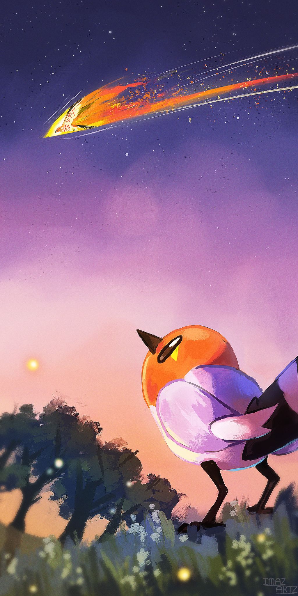 imazartz, fletchling, talonflame, nintendo, pokemon, highres, animal focus, beak, bird, cloud, fire, gen 6 pokemon, night, night sky, no humans, outdoors, pink sky, pokemon (creature), pokemon focus, sky, star (sky), sunset, tree, wings