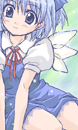 cirno, embodiment of scarlet devil, touhou, lowres, 1girl, blue eyes, blue hair, blush, female focus, matching hair/eyes, oekaki, short hair, sitting, smile, solo, wings