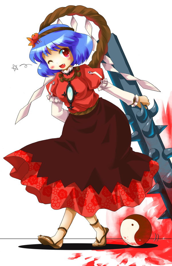 michii yuuki, yasaka kanako, bokusatsu tenshi dokuro-chan, touhou, 1girl, blood, blue hair, blush, club, club (weapon), fang, female focus, hair ornament, kanabou, leaf, leaf hair ornament, one eye closed, parody, red eyes, rope, sandals, shimenawa, skirt, solo, weapon, wink, yin yang, zouri
