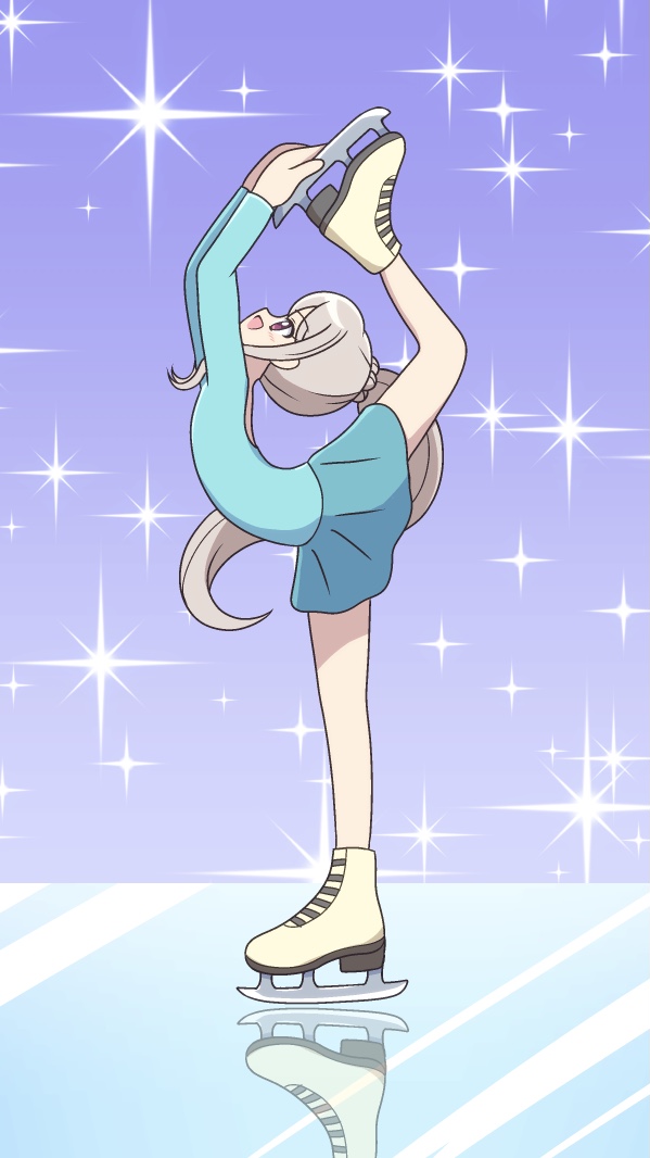 kato-shun, sakurai nozomi (kamisama minarai), cocotama (series), kamisama minarai: himitsu no cocotama, commentary, 1girl, :d, alternate costume, arms up, bare legs, biellmann spin, blonde hair, blue shirt, blue skirt, blush, figure skating, flexible, from side, full body, gradient background, ice skates, ice skating, leg up, long hair, long sidelocks, long sleeves, looking up, miniskirt, on ice, open mouth, pleated skirt, ponytail, ponytail with braided base, purple background, reflective floor, shirt, sidelocks, skates, skating, skating rink, skirt, smile, solo, sparkle, sparkle background, very long hair