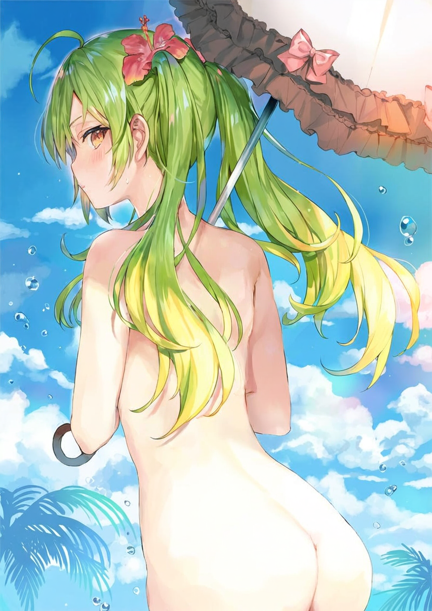 absurdres, highres, nude filter, third-party edit, 1girl, ahoge, ass, back, bare shoulders, blue sky, brown eyes, bubble, cloud, cloudy sky, completely nude, cowboy shot, day, female focus, flower, from behind, green hair, hair flower, hair ornament, hibiscus, holding, holding umbrella, long hair, looking at viewer, looking back, nude, outdoors, parted lips, sky, solo, standing, sunlight, sweat, twintails, umbrella