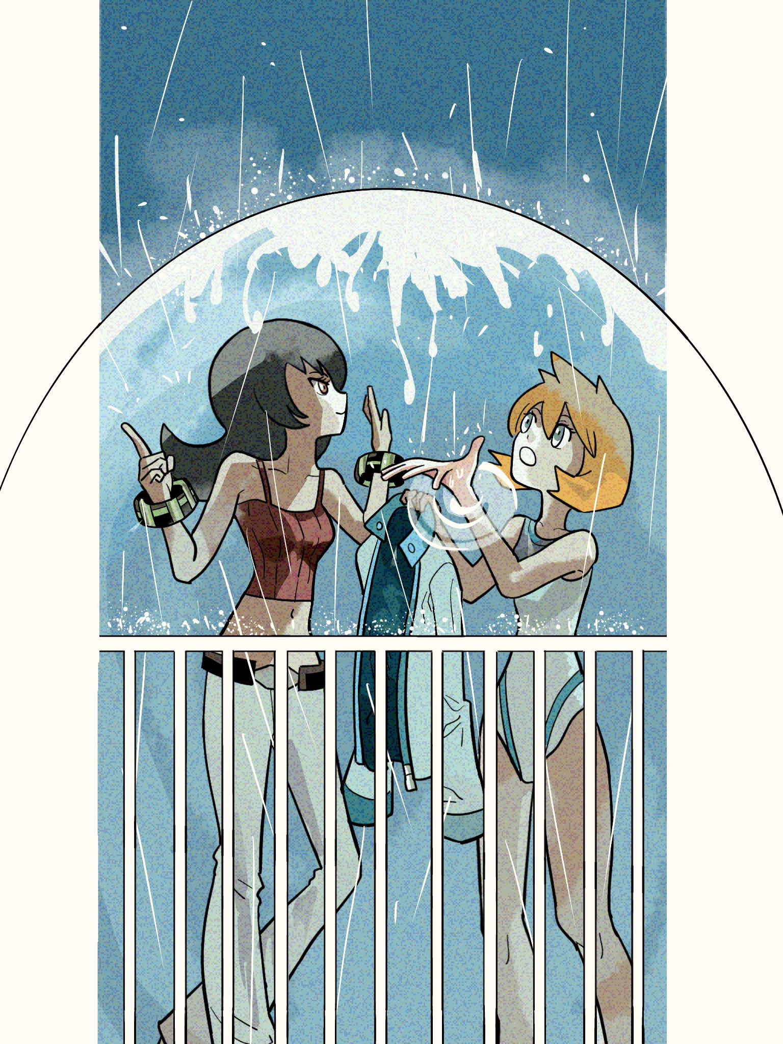 to rikan, misty (pokemon), sabrina (pokemon), nintendo, pokemon, pokemon gsc, pokemon hgss, 2girls, barefoot, belt, black belt, black hair, bracelet, breasts, closed mouth, crop top, flipped hair, hands up, jacket, jewelry, lab coat, long hair, looking at another, midriff, multiple girls, navel, one-piece swimsuit, open clothes, open mouth, orange hair, pants, railing, rain, shirt, short hair, standing, swimsuit, unworn jacket, water, white jacket, white one-piece swimsuit, white pants
