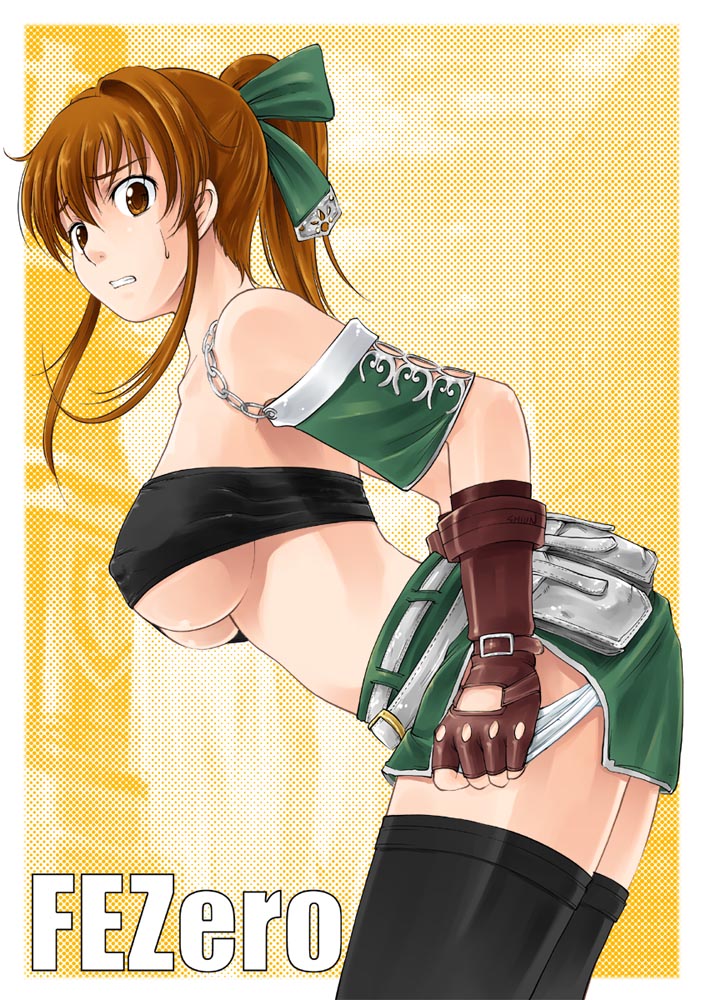 kuboshun, fantasy earth zero, 1girl, breasts, brown eyes, brown hair, covered erect nipples, female focus, large breasts, panties, panty pull, ponytail, seven flavor spice, solo, thighhighs, underboob, underwear