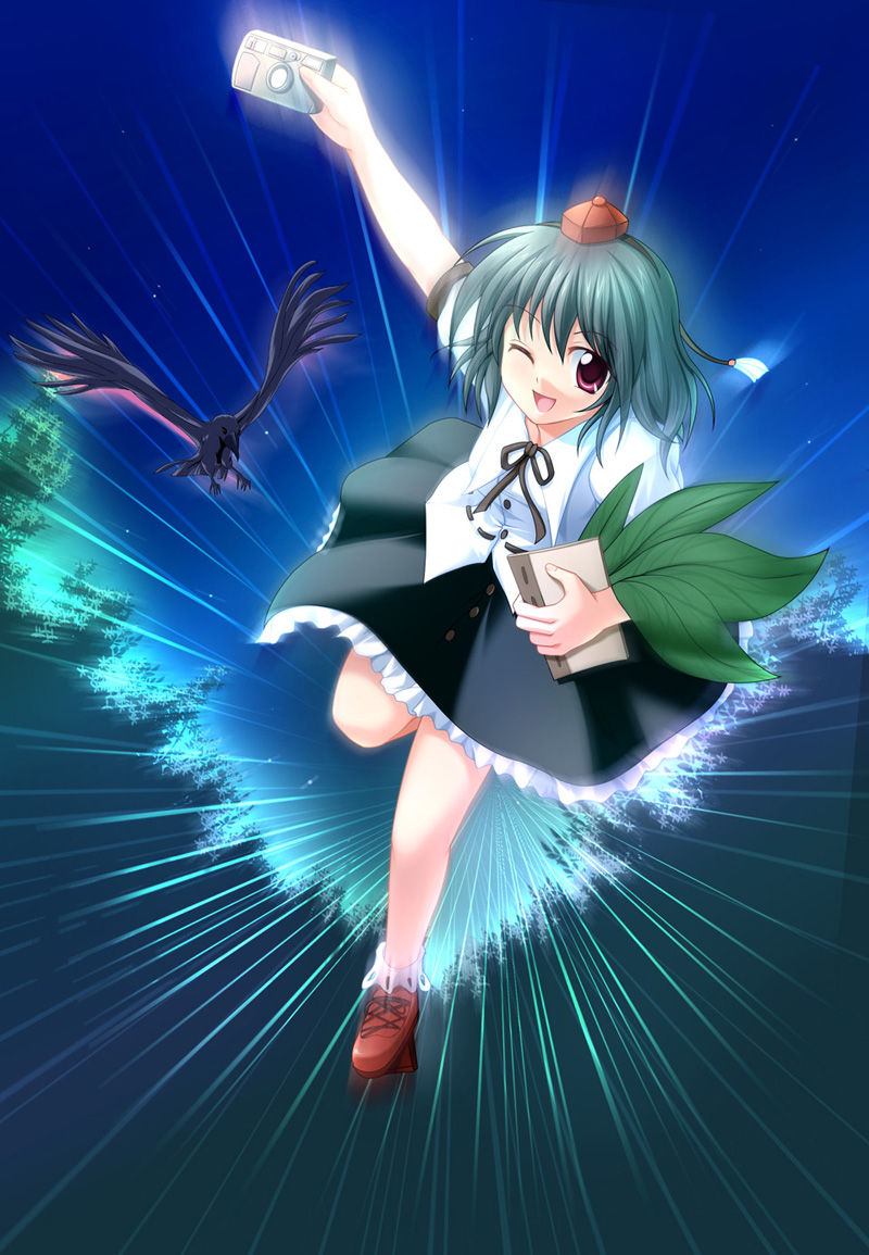shameimaru aya, touhou, 1girl, bird, book, camera, crow, female focus, geta, hat, looking at viewer, one eye closed, open mouth, smile, solo, tengu-geta, wings