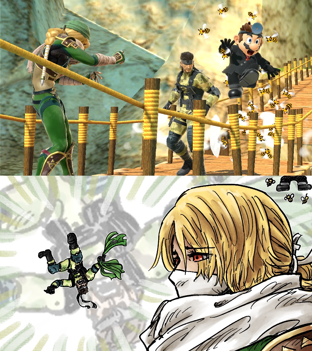 kicdon, dr. mario, mario, sheik, solid snake, the boss, dr. mario (game), mario (series), metal gear (series), metal gear solid 3: snake eater, nintendo, super smash bros., the legend of zelda, the legend of zelda: ocarina of time, 1girl, 2boys, alternate color, bandana, bee, blonde hair, braid, braided ponytail, bridge, bug, facial hair, game screenshot inset, green bandana, insect, multiple boys, mustache, player 2, red eyes, scene reference, wooden bridge, zoom layer