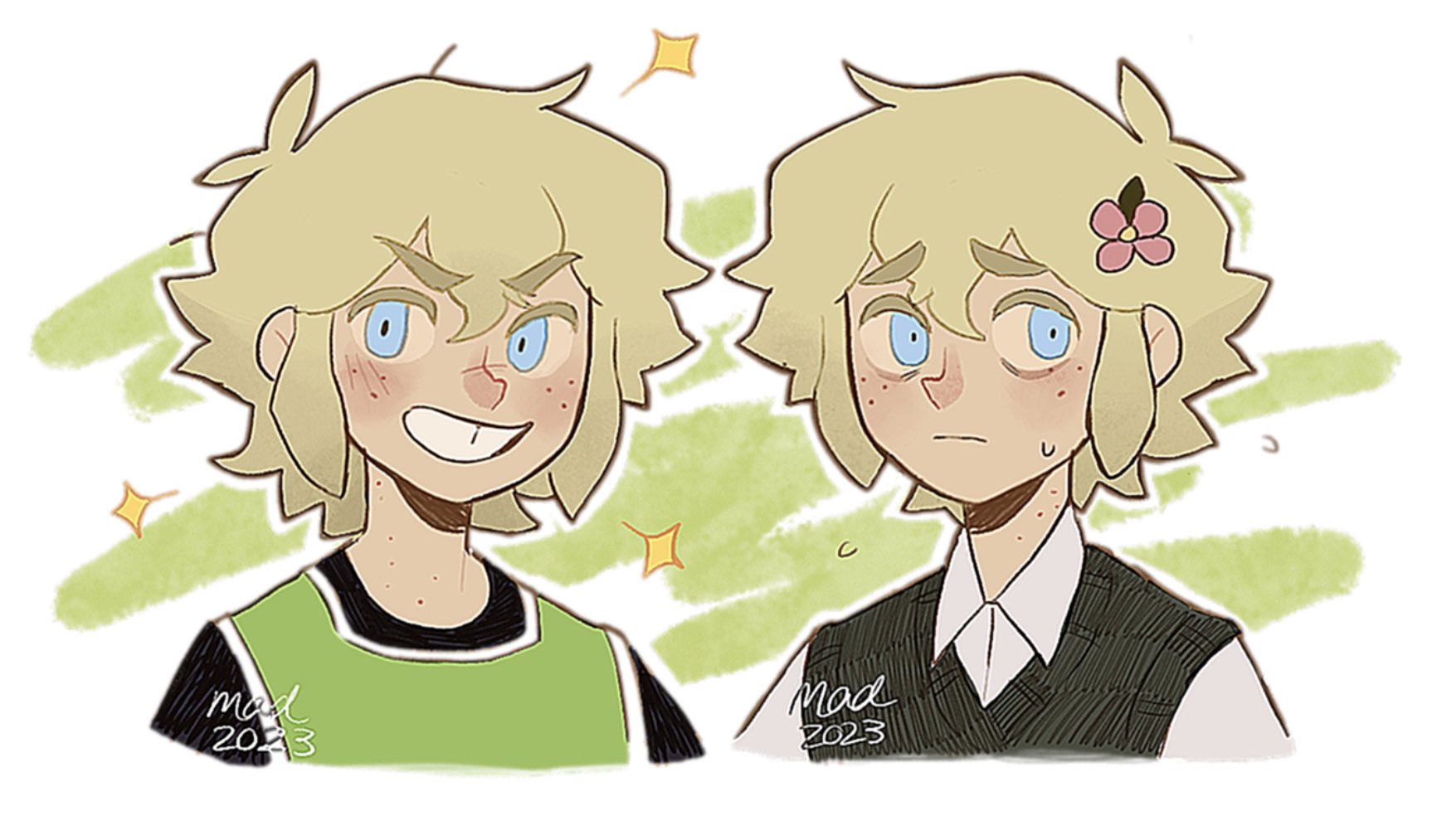 madnopost, basil (faraway) (omori), basil (omori), omori, highres, 1boy, 2023, alternate costume, alternate universe, antenna hair, blonde hair, blue eyes, closed mouth, collared shirt, double-parted bangs, flower, flying sweatdrops, freckles, green sweater vest, hair flower, hair ornament, male focus, shirt, short hair, sidelocks, sweatdrop, sweater vest, white shirt