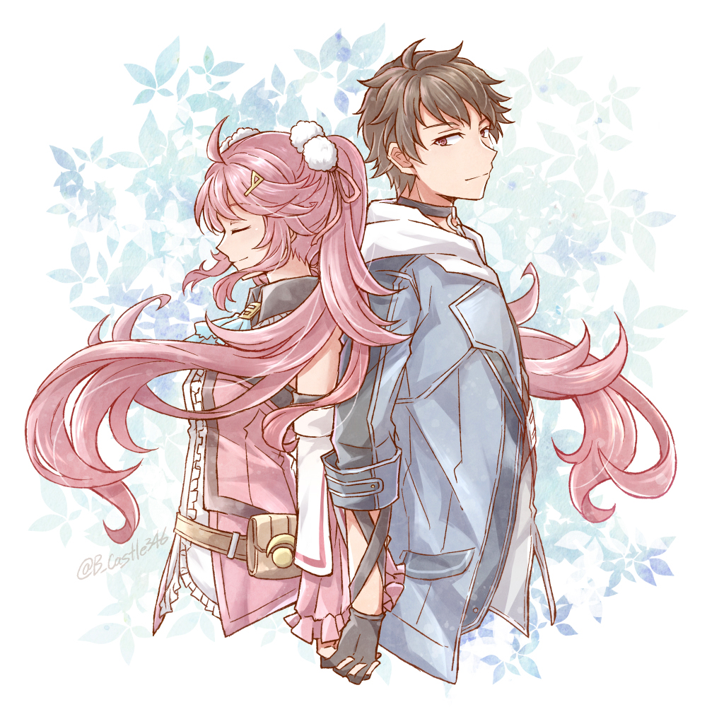mishiro (andante), nadia rayne, swin abel, eiyuu densetsu, kuro no kiseki, kuro no kiseki (series), kuro no kiseki ii, 1boy, 1girl, ahoge, ascot, back-to-back, black gloves, blue ascot, breasts, brown eyes, brown hair, closed eyes, floating hair, gloves, holding hands, long hair, medium breasts, mullet, pink hair, short hair, smile, twintails, upper body