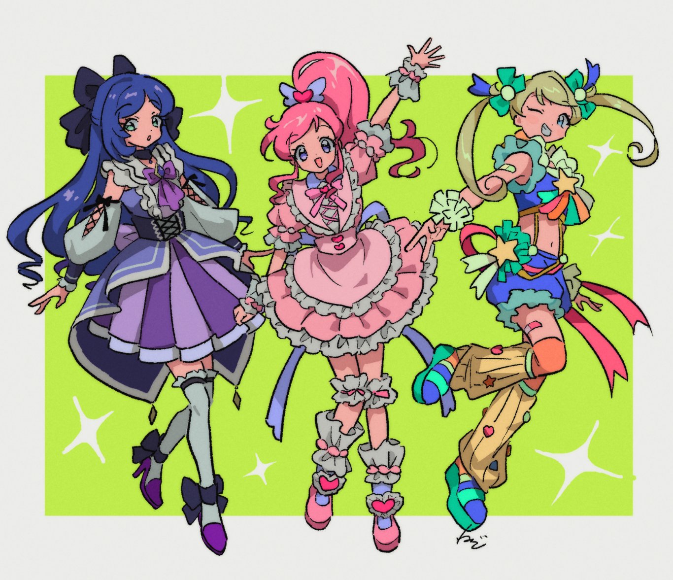rituyama1, aoba rinka, moegi emo, momoyama mirai, kiratto pri chan, pretty series, commentary request, 3girls, :d, arm up, blonde hair, blue eyes, blue hair, blue shirt, blue shorts, dress, frilled dress, frills, full body, green eyes, green skirt, high ponytail, idol clothes, leg warmers, long hair, long sleeves, looking at viewer, multiple girls, navel, neck ribbon, one eye closed, open mouth, pink dress, pink hair, pink ribbon, pink shoes, ponytail, purple dress, purple eyes, ribbon, shirt, shoes, shorts, sidelocks, signature, skirt, smile, sparkle, standing, twintails, waving, wrist cuffs