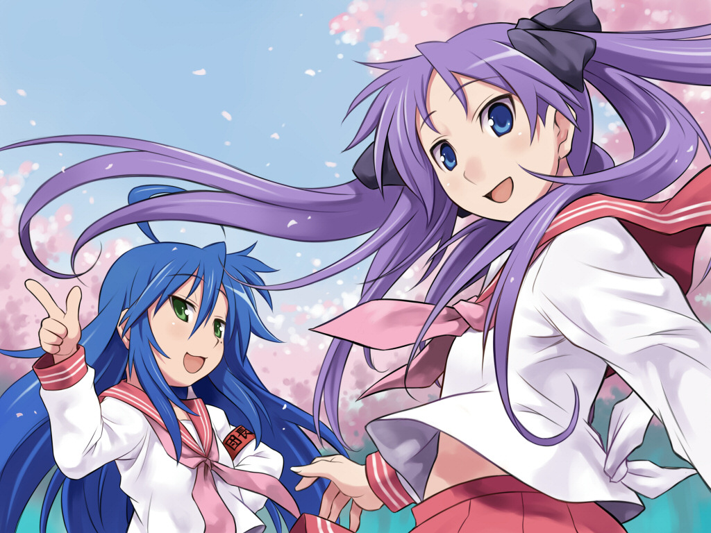 maruto!, hiiragi kagami, izumi konata, lucky star, 00s, 2girls, :d, armband, ascot, blue eyes, blue hair, bow, green eyes, hair bow, hand on own hip, index finger raised, long hair, long sleeves, looking at viewer, mole, mole under eye, multiple girls, neckerchief, open mouth, pink neckerchief, purple hair, school uniform, serafuku, shirt, skirt, smile, tied shirt, twintails