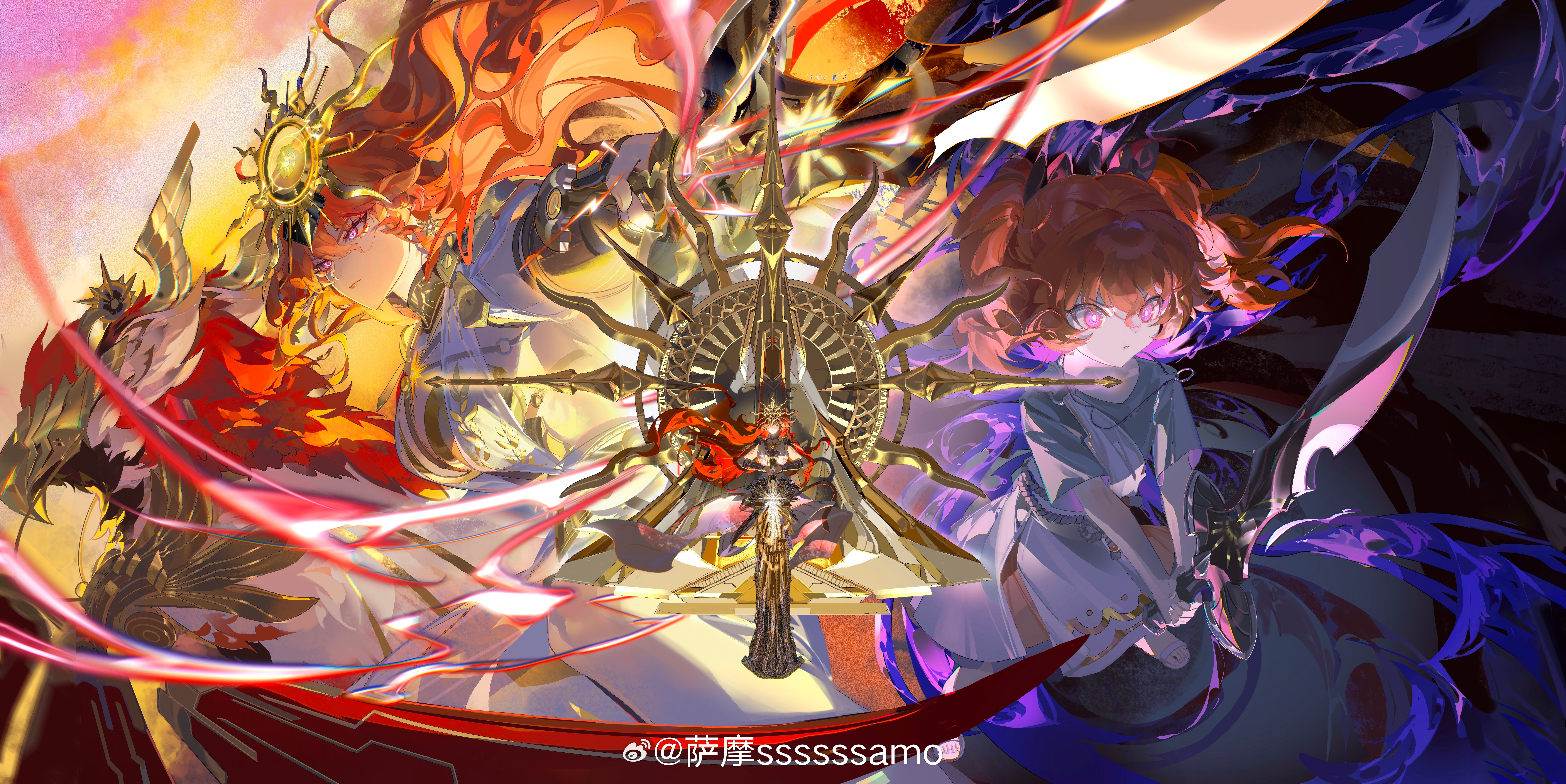samo (shichun samo), augusta (wuthering waves), wuthering waves, absurdres, chinese commentary, commentary request, highres, 1girl, age comparison, ancient greek clothes, arm armor, closed mouth, dress, greatsword, greco-roman clothes, hair between eyes, headgear, holding, holding sword, holding weapon, long hair, looking ahead, multiple views, orange hair, purple eyes, split theme, sword, tacet discord (wuthering waves), throne, weapon, white dress