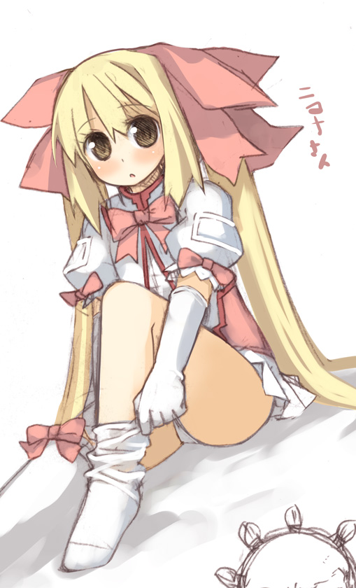 kashiwamochi yomogi, 1girl, adjusting clothes, adjusting legwear, blonde hair, blush, brown eyes, dressing, female focus, hair ribbon, long hair, panties, pantyshot, ribbon, sitting, solo, thighhighs, twintails, underwear