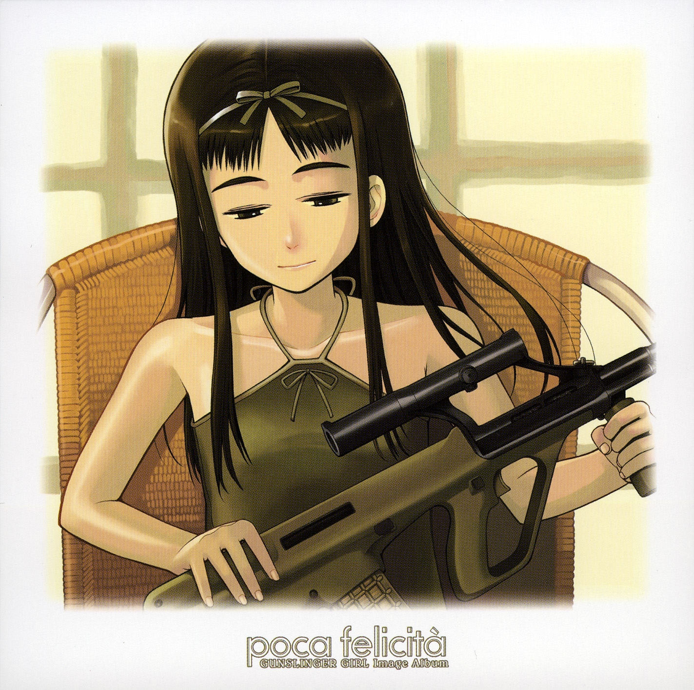 angelica (gunslinger girl), gunslinger girl, highres, scan, 00s, assault rifle, bullpup, gun, rifle, scope, solo, steyr aug, vertical forward grip, weapon