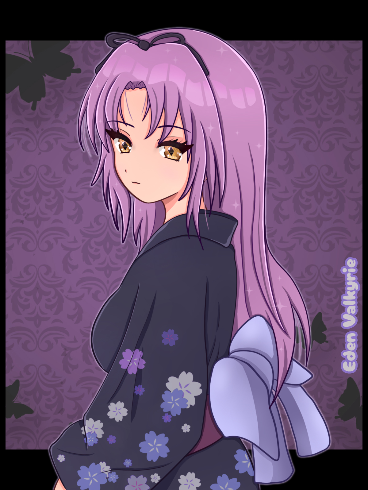 renne (eiyuu densetsu), eiyuu densetsu, sora no kiseki, commentary, english commentary, highres, 1girl, artist name, black ribbon, bow, breasts, edenvalkyrieart, hair bow, hair ribbon, japanese clothes, kimono, long hair, looking at viewer, medium breasts, parted bangs, purple hair, ribbon, solo, yellow eyes