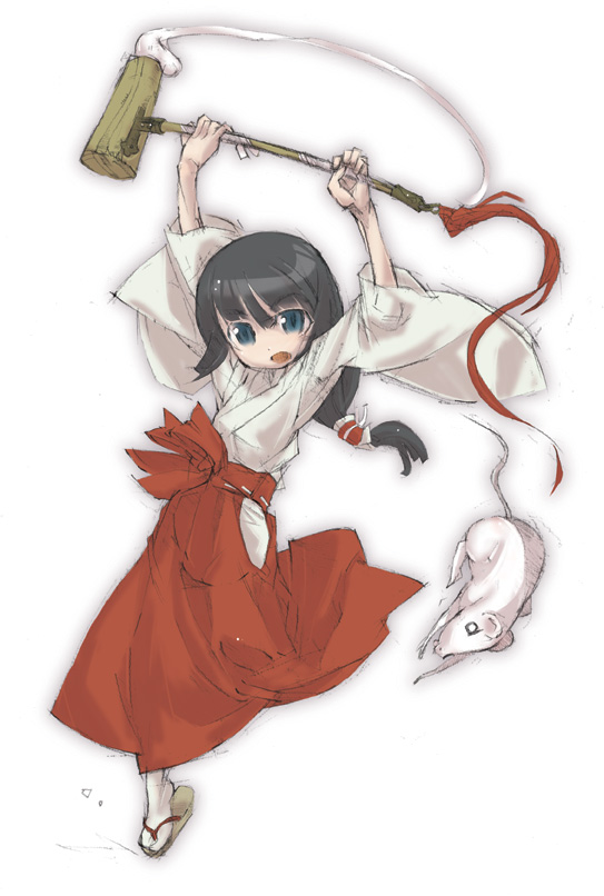 hakamada sugiichi, 1girl, black hair, blue eyes, female focus, hakama, hakama skirt, hammer, japanese clothes, miko, mouse (animal), red hakama, sasa kuruma, skirt, solo