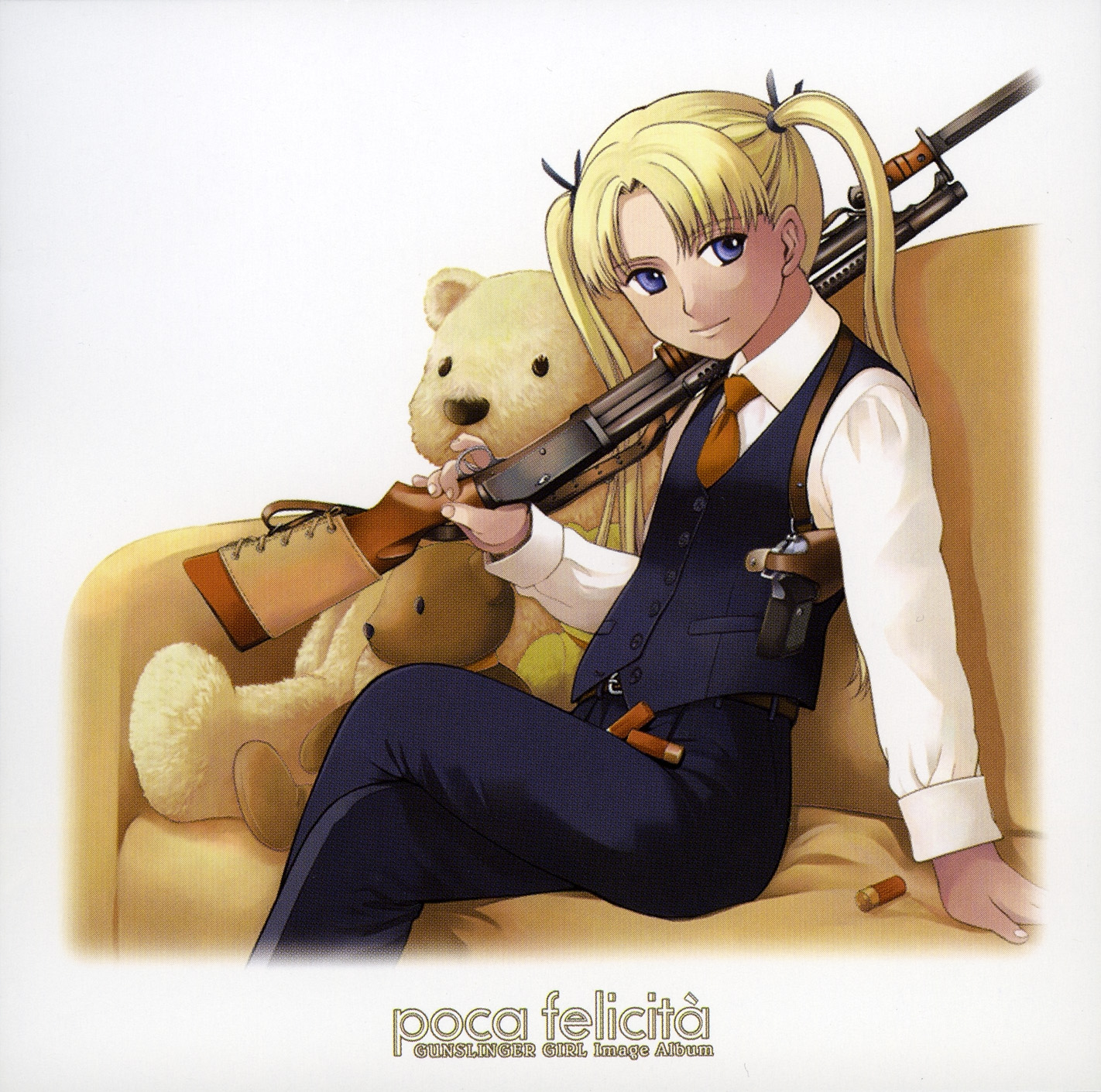 triela, gunslinger girl, sig sauer, highres, scan, 00s, 1girl, bayonet, blonde hair, blue eyes, dark-skinned female, dark skin, female focus, gun, handgun, holster, knife, long hair, necktie, pistol, pump action, shotgun, shotgun shell, shoulder holster, solo, stuffed animal, stuffed toy, teddy bear, twintails, vest, waistcoat, weapon, winchester model 1897