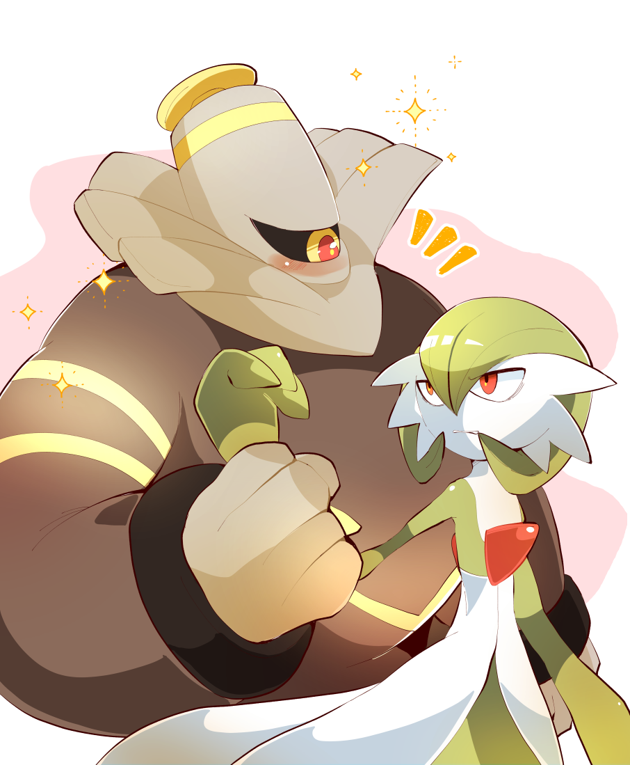 tensen yattoko, dusknoir, gardevoir, nintendo, pokemon, textless version, 1boy, 1girl, arm at side, bags under eyes, black sclera, blush, bob cut, colored sclera, colored skin, eye contact, gen 3 pokemon, gen 4 pokemon, grabbing another's arm, green hair, green skin, grey skin, hair between eyes, half-closed eyes, hand up, jitome, looking at another, multicolored eyes, multicolored skin, notice lines, one-eyed, pokemon (creature), red eyes, short hair, sparkle, standing, striped skin, trap, two-tone skin, white skin, yellow eyes