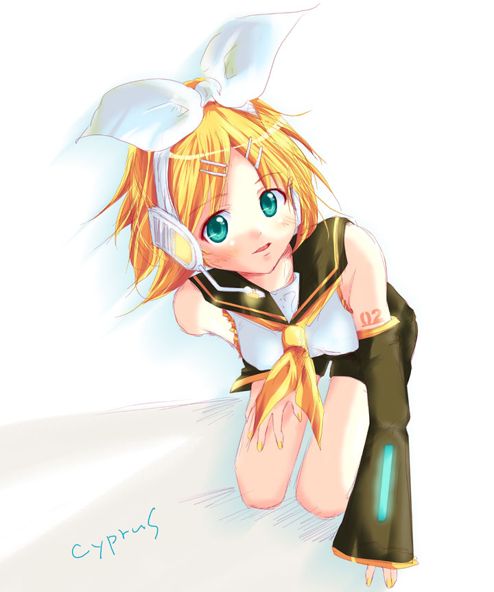 cyprus (circle), kagamine rin, vocaloid, 1girl, aqua eyes, arm warmers, artist name, belt, bent over, black shorts, blonde hair, blouse, blush, bow, female focus, full body, glowing, hair bow, hair ornament, hairclip, headphones, kneeling, looking at viewer, microphone, nail polish, ribbon, sailor collar, shirt, short hair, shorts, sketch, sleeveless, solo, swept bangs, white bow, white shirt, yellow nails, yellow ribbon