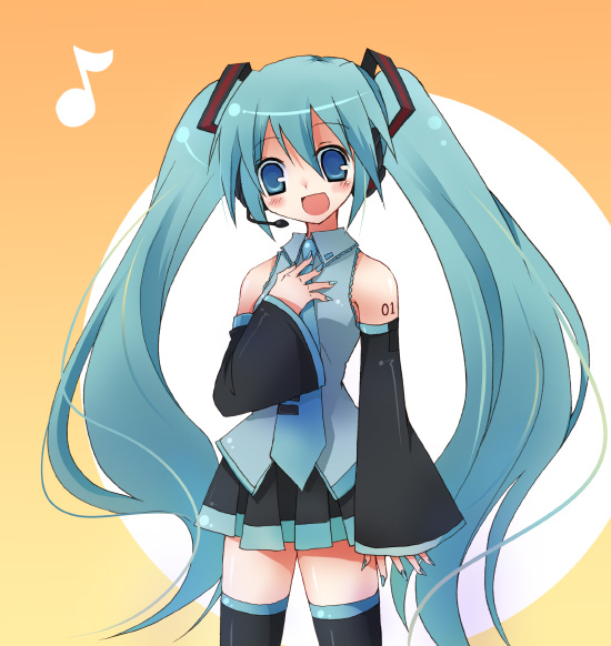 suzushiro kurumi, hatsune miku, vocaloid, 1girl, aqua hair, female focus, long hair, solo, thighhighs, twintails, very long hair