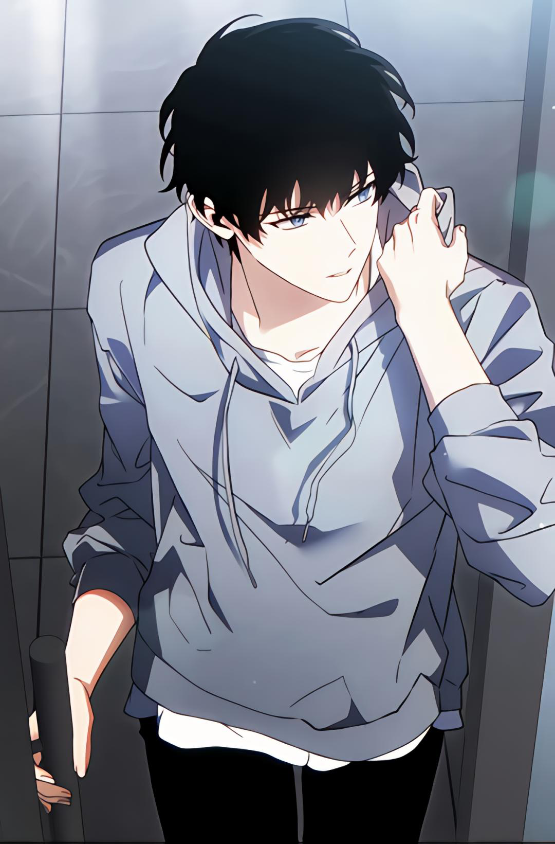 1boy, black hair, black pants, blue eyes, blue jacket, grey background, jacket, looking to the side, male focus, manga style, open mouth, pants, ryu min (the 100th regression of the max-level player), short hair, the 100th regression of the max-level player, upper body
