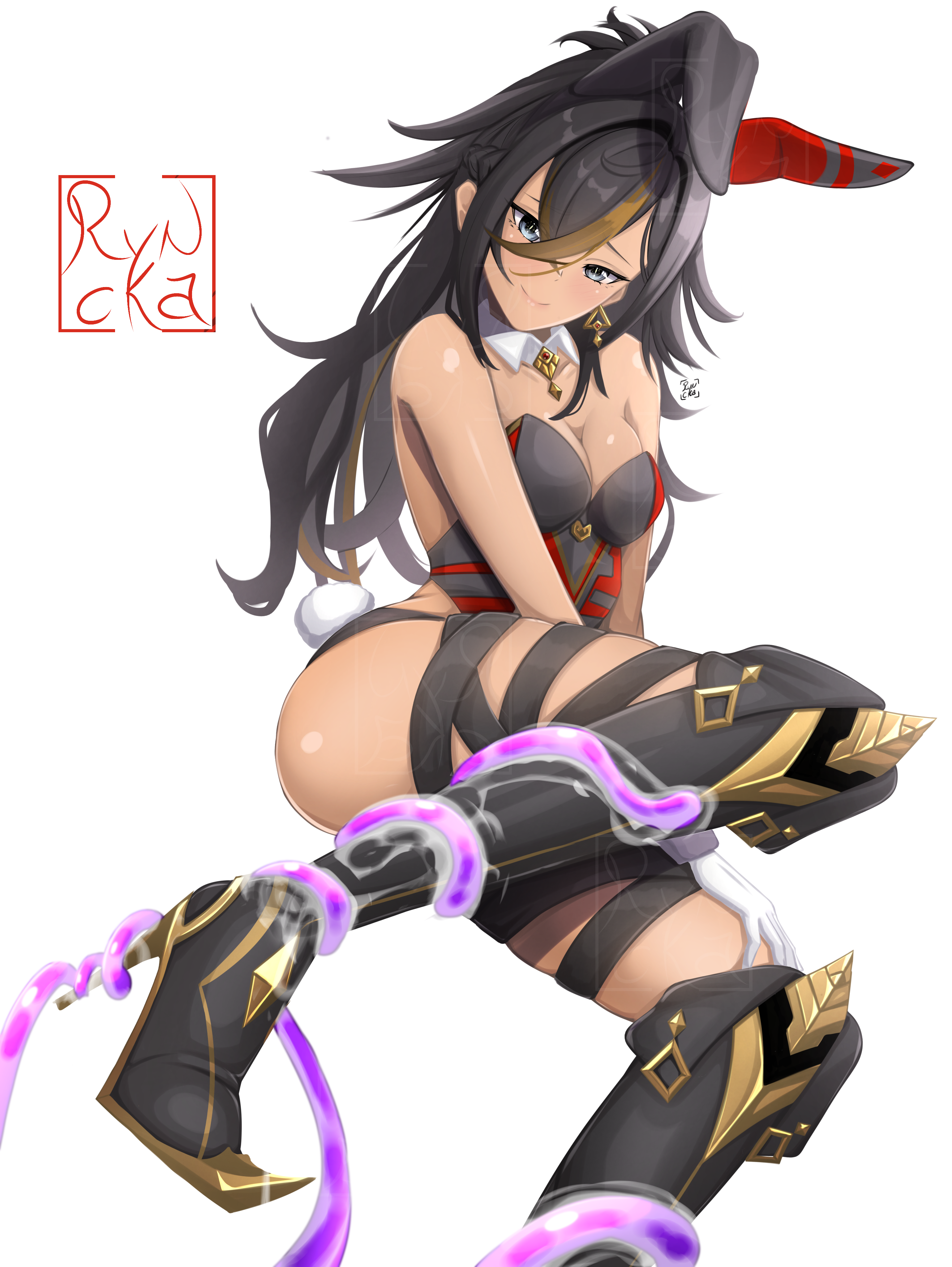 ryncka, dehya (genshin impact), genshin impact, mihoyo, 1girl, adapted costume, animal ears, arm support, armored boots, artist name, bare shoulders, black boots, black hair, black panties, black shirt, blonde hair, blue eyes, boots, breasts, closed mouth, collar, dark-skinned female, dark skin, detached sleeves, dot nose, fake animal ears, fake tail, female focus, foot out of frame, from side, high heel boots, high heels, large breasts, leaning to the side, leotard, light blush, looking at viewer, looking to the side, multicolored boots, multicolored hair, panties, playboy bunny, rabbit ears, rabbit tail, red shirt, restrained, shirt, simple background, sitting, smile, solo, strapless, strapless shirt, streaked hair, tail, tentacles, thigh boots, two-tone boots, two-tone hair, two-tone shirt, underwear, white background, white collar, yellow boots