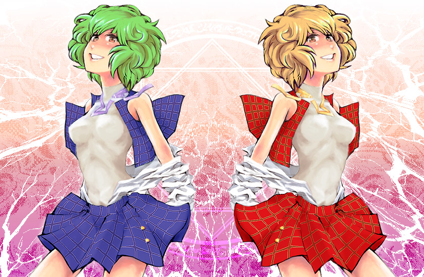 sato, sato (hekiga ni nemuru), kazami yuuka, touhou, 1girl, adapted costume, bare shoulders, blonde hair, breasts, female focus, green hair, leotard, magic circle, medium breasts, off shoulder, open clothes, open shirt, plaid clothes, plaid skirt, plaid vest, red eyes, shirt, short hair, skirt, skirt set, smile, vest, yellow eyes