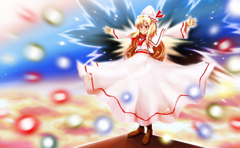 sato, sato (hekiga ni nemuru), lily white, touhou, beam, 1girl, blonde hair, blush, boots, bow, bowtie, brown boots, danmaku, energy, female focus, full body, gloves, glowing, hat, knee boots, long sleeves, magic, orb, outstretched arms, red bow, red bowtie, red eyes, short hair, solo, standing, tate eboshi, white gloves