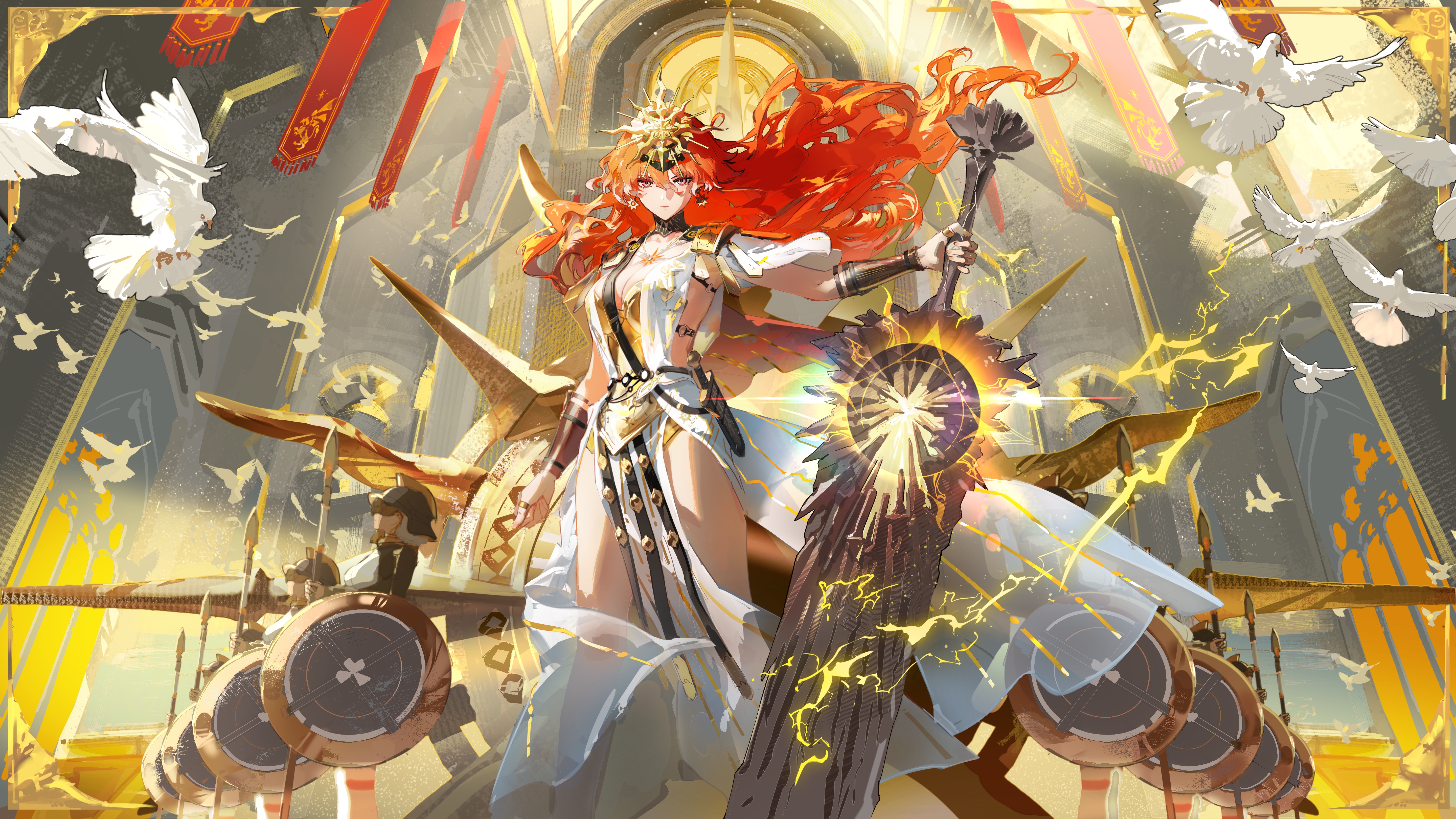 rafaelaaa, augusta (wuthering waves), wuthering waves, absurdres, highres, 1girl, ancient greek clothes, armor, bare legs, bird, black collar, breastplate, breasts, collar, dress, greatsword, greco-roman clothes, headgear, holding, holding sword, holding weapon, legs, long hair, medium breasts, missing commentary, orange hair, people, sword, thighs, weapon, white bird, white dress